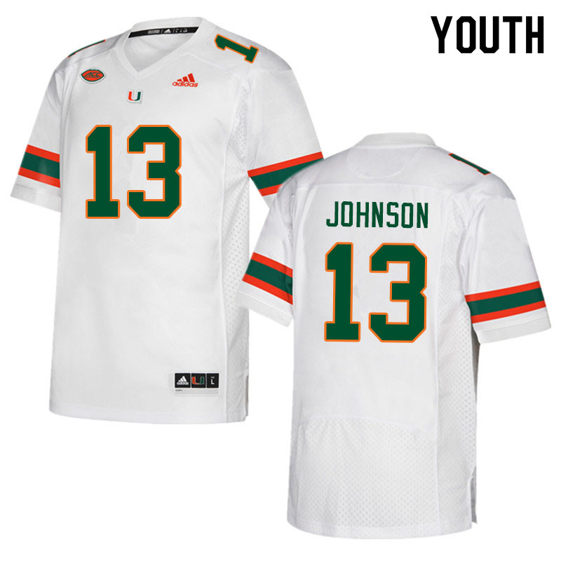 Youth #13 Deandre Johnson Miami Hurricanes College Football Jerseys Sale-White - Click Image to Close